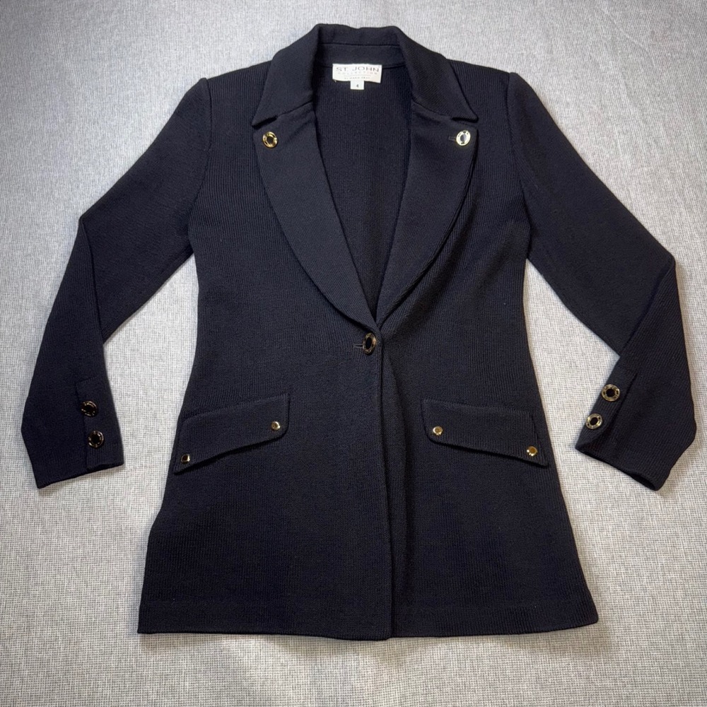 St. John Collection Marie Gray Black Knit Blazer Jacket Gold Hardware Size 4